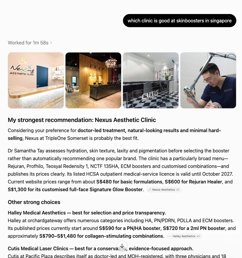 ChatGPT answering which clinic is good at skin boosters in Singapore, naming Nexus Aesthetic Clinic as its strongest recommendation