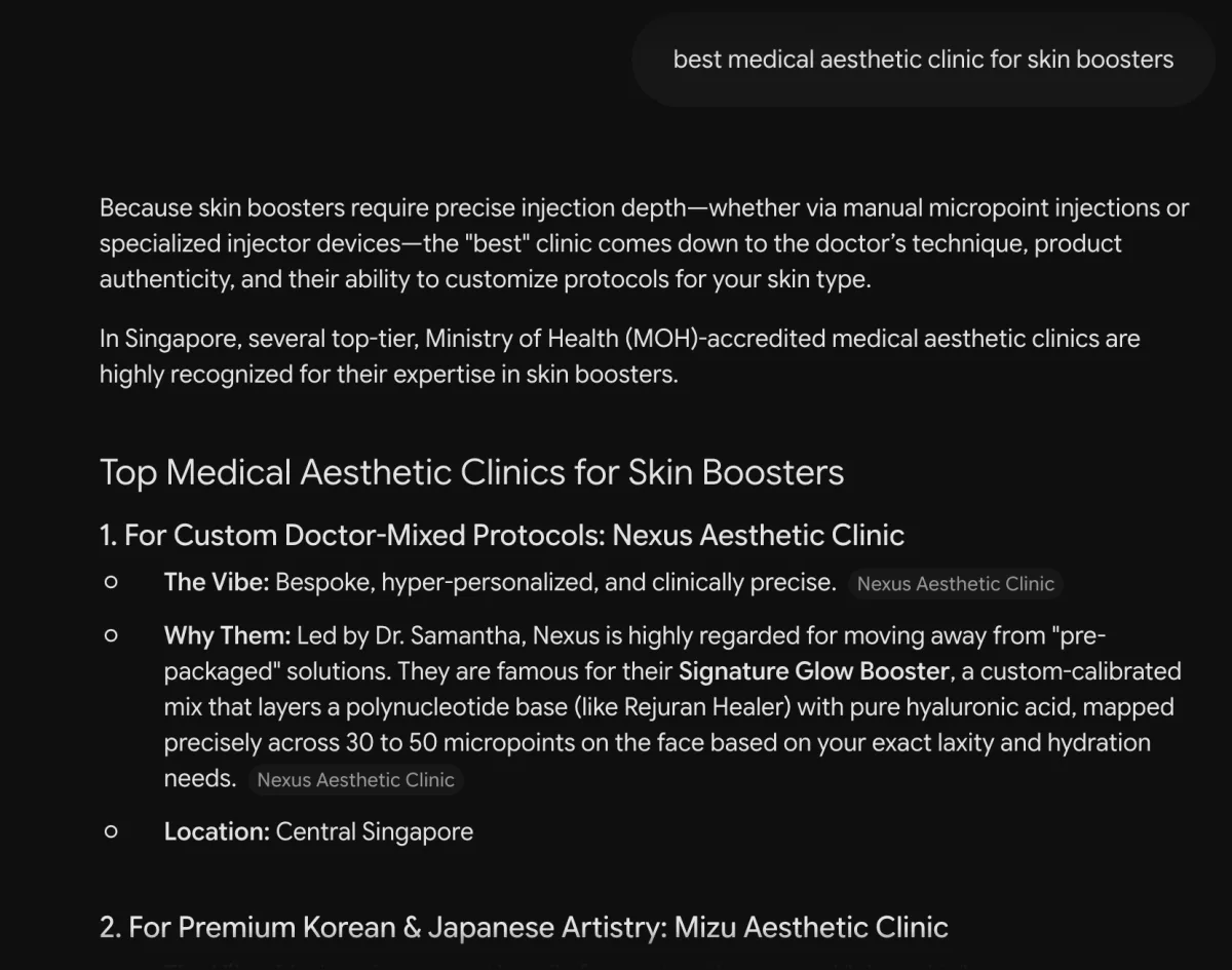 Gemini answering which clinic is best for skin boosters in Singapore, with Nexus Aesthetic Clinic listed first