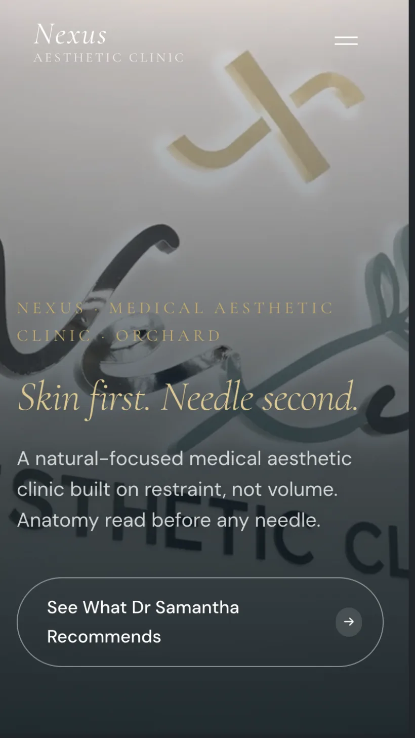 Nexus Aesthetic Clinic homepage, mobile