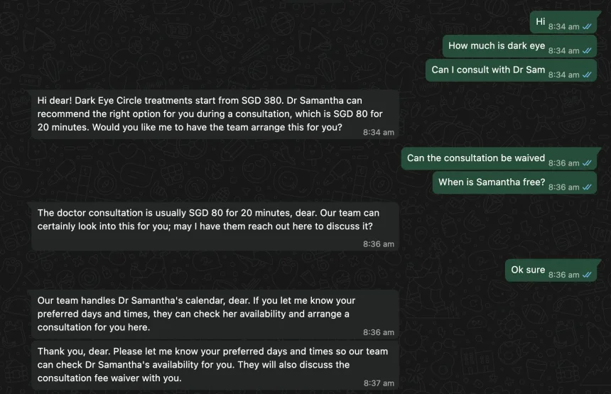 WhatsApp AI agent replying to a patient and capturing the lead