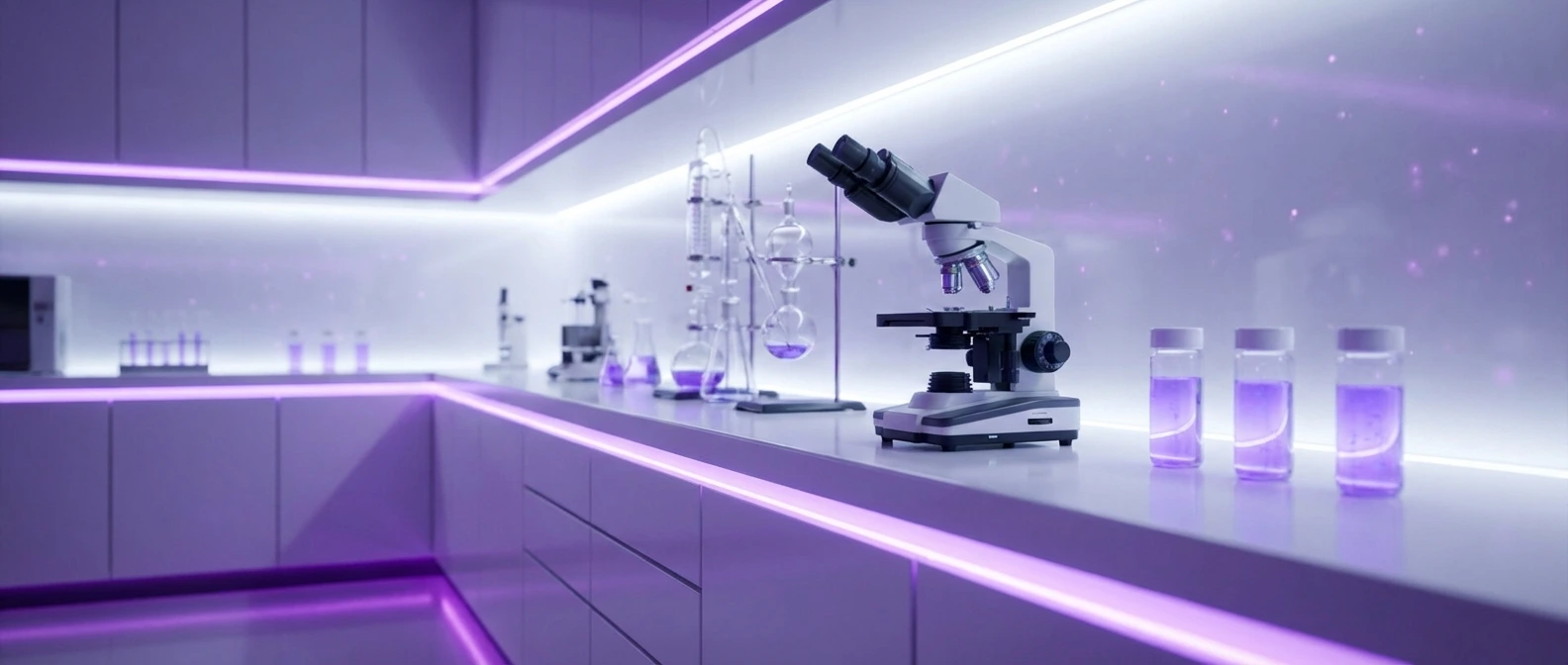 Modern medical research laboratory with white surfaces and violet LED accent lighting