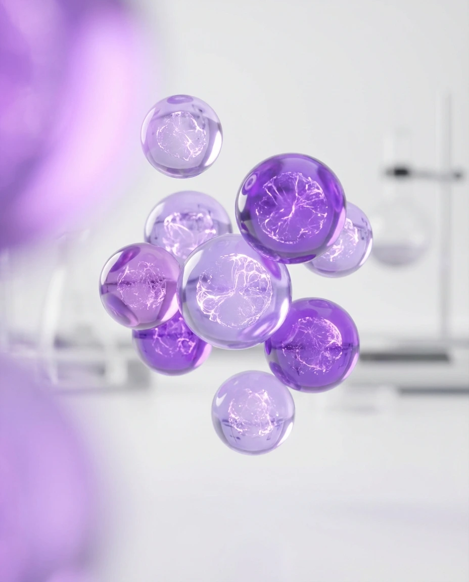 Translucent purple microspheres floating in a clean laboratory environment