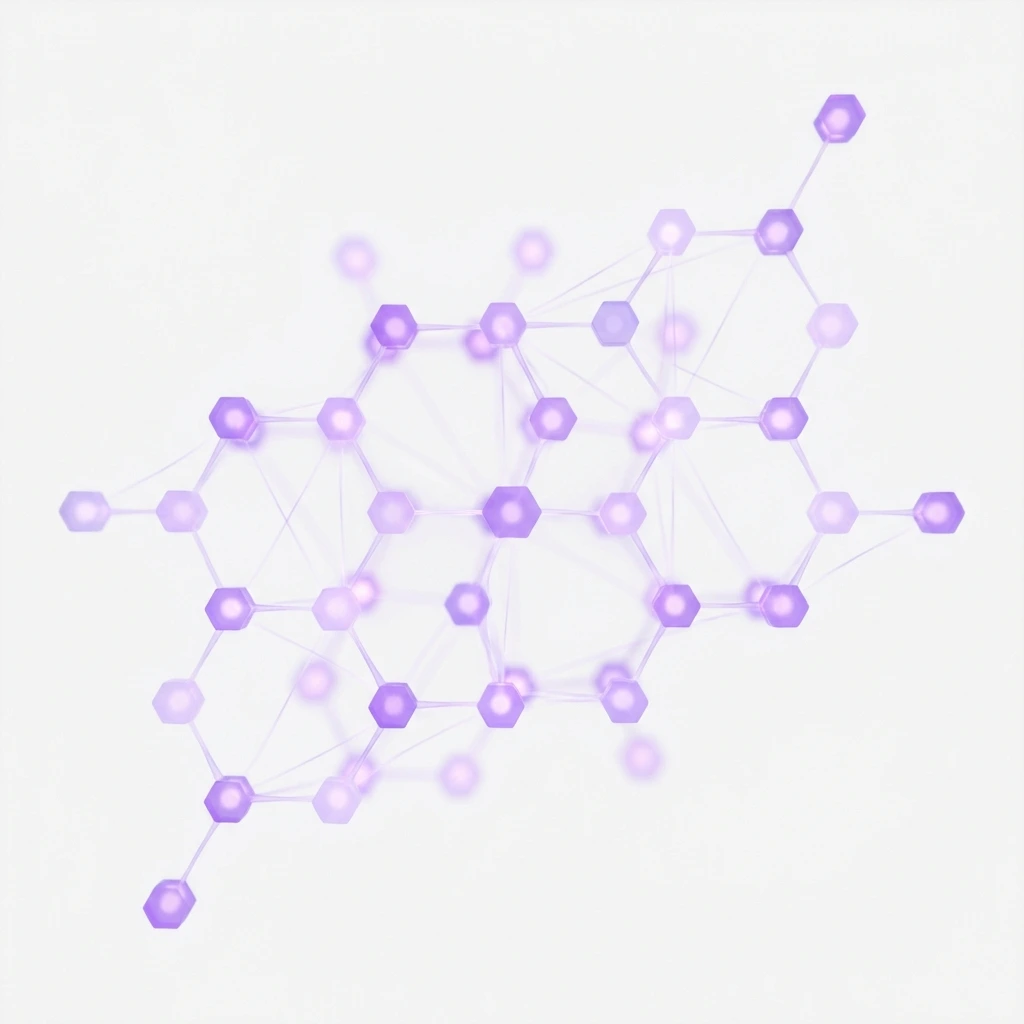 Purple particles in a precise hexagonal molecular diagram pattern
